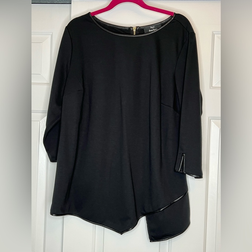 Dennis Basso ponte knit top w/zipper back 3/4 sleeves & faux leather trim